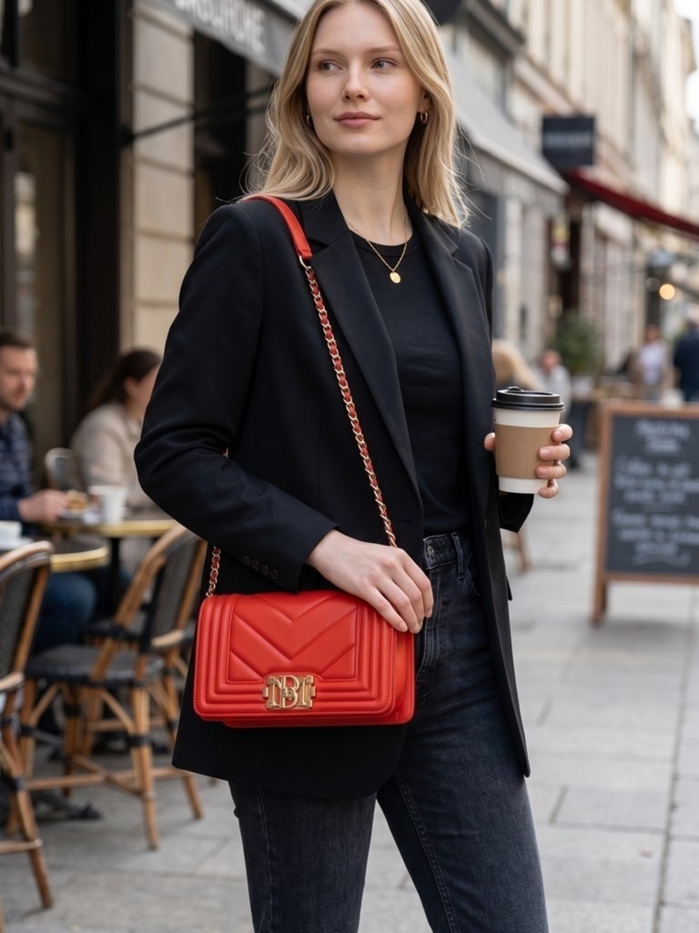 #215 Badgley Mischka Red Quilted Shoulder Bag with Gold Chain